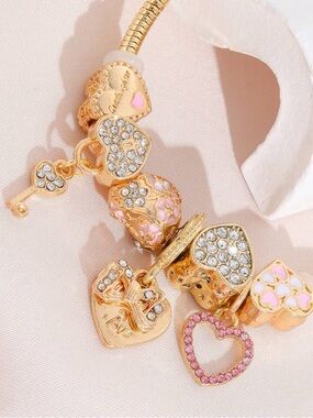 NEW Stainless Steel Gold Charm Bracelet | Pink Heart Rhinestone Love Luxury